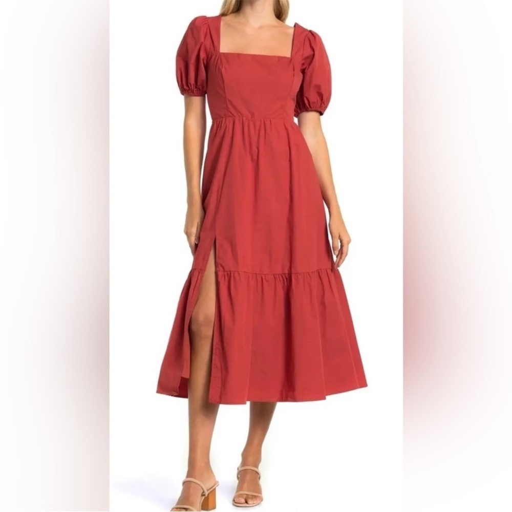 NWT ASTR the Label Brick Poplin Puff Sleeve Midi Dress Fall Cottagecore XS Boho